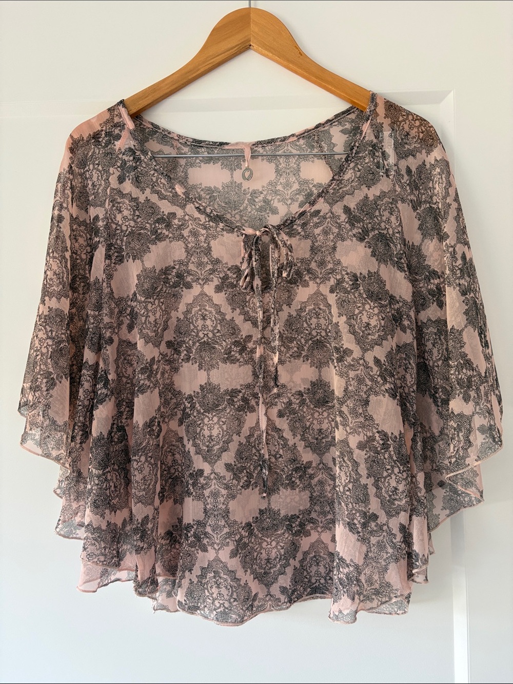 Robin K Sheer Lace-Print Tie-Neck Blouse